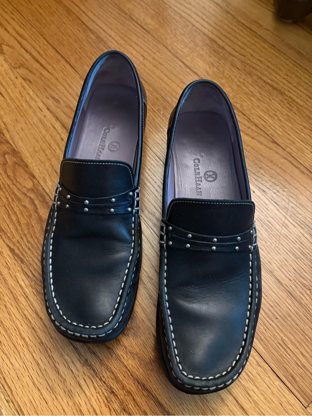 Cole Haan Women’s Black Leather Studded Slip-On Loafers